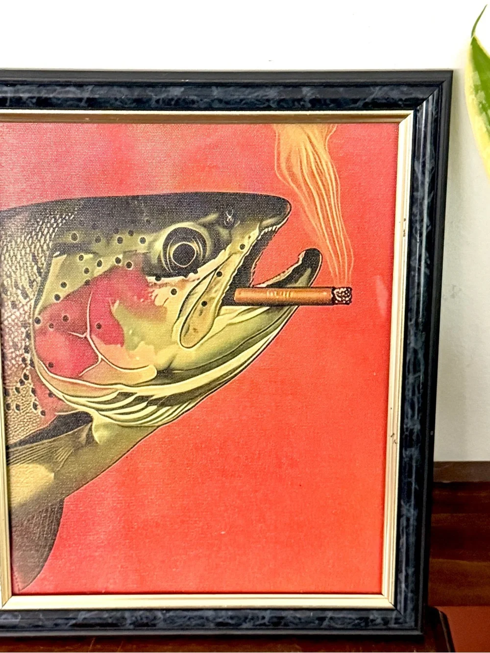 Trout Fish Smoking a Cigarette Vintage Style Canvas Wall Art Print Gold Framed